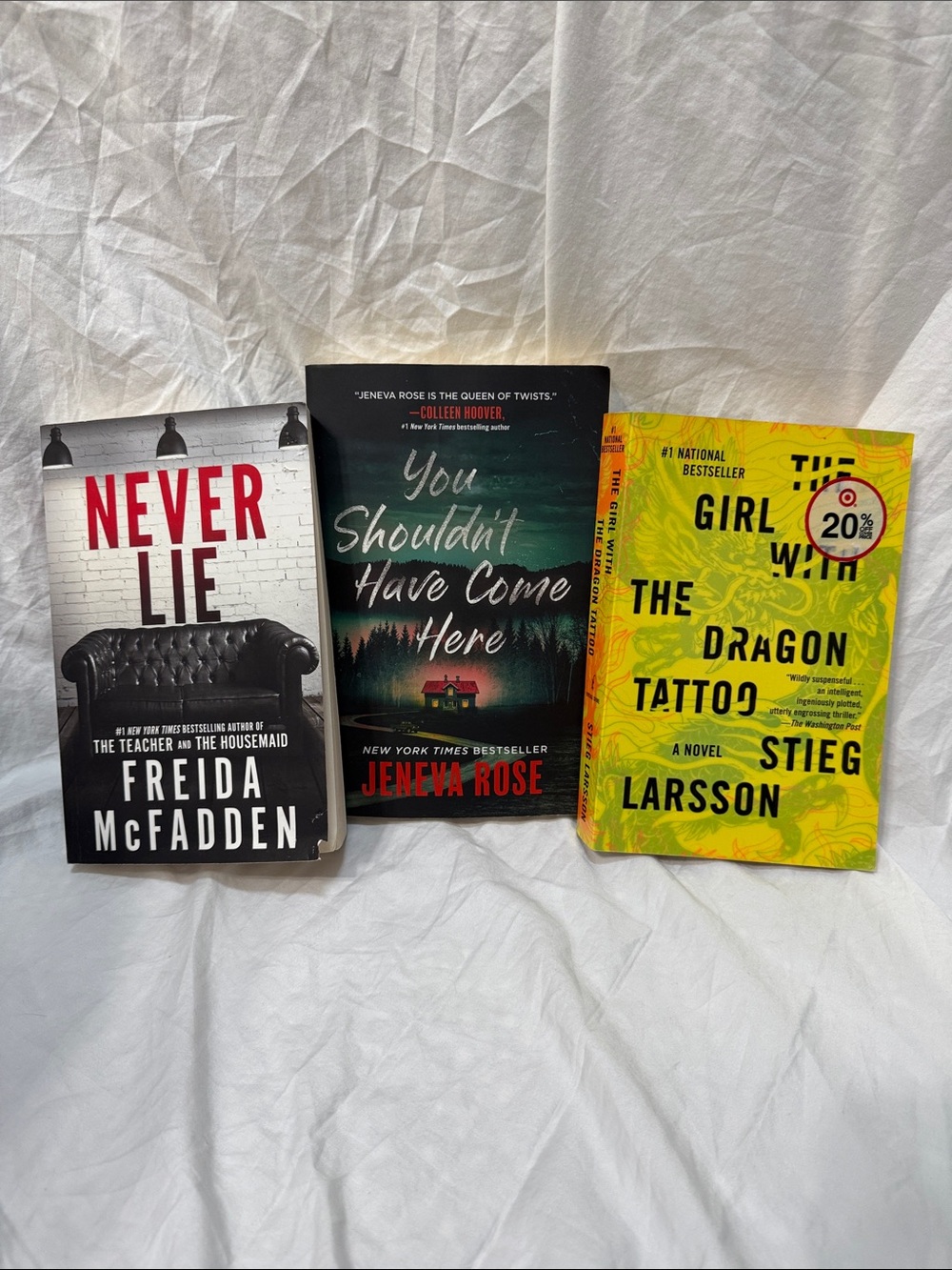 Never Lie, You Shouldn’t Have Come Here, & The Girl with the Dragon Tattoo Books